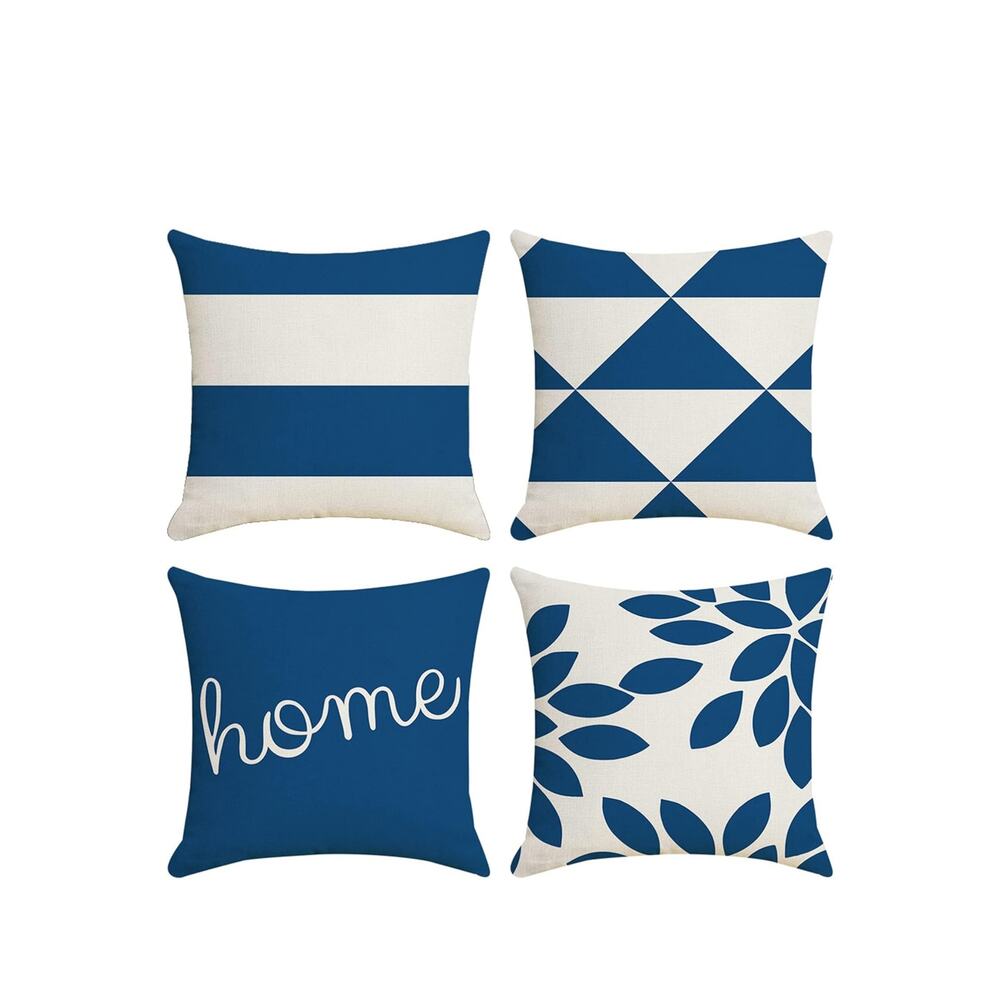 BOHO LINEN FEEL THROW PILLOW COVERS 4 PACK 18 X 18  NAVY BLUE CREAM